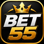 Black and gold gaming app logo featuring “BET 55” text with a crown icon on top