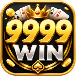 9999Win Game logo featuring golden numbers, silver text, crown, playing cards, and coins on a black background.